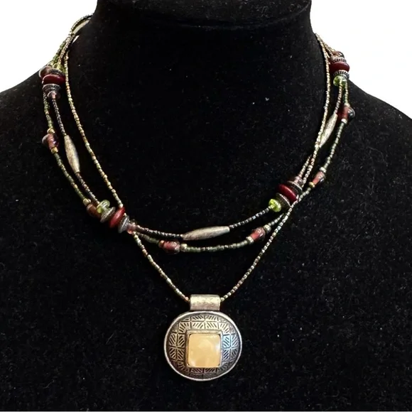 Chico's Multi Beaded String Statement Necklace Choker Green Earth tone Boho - Picture 1 of 16